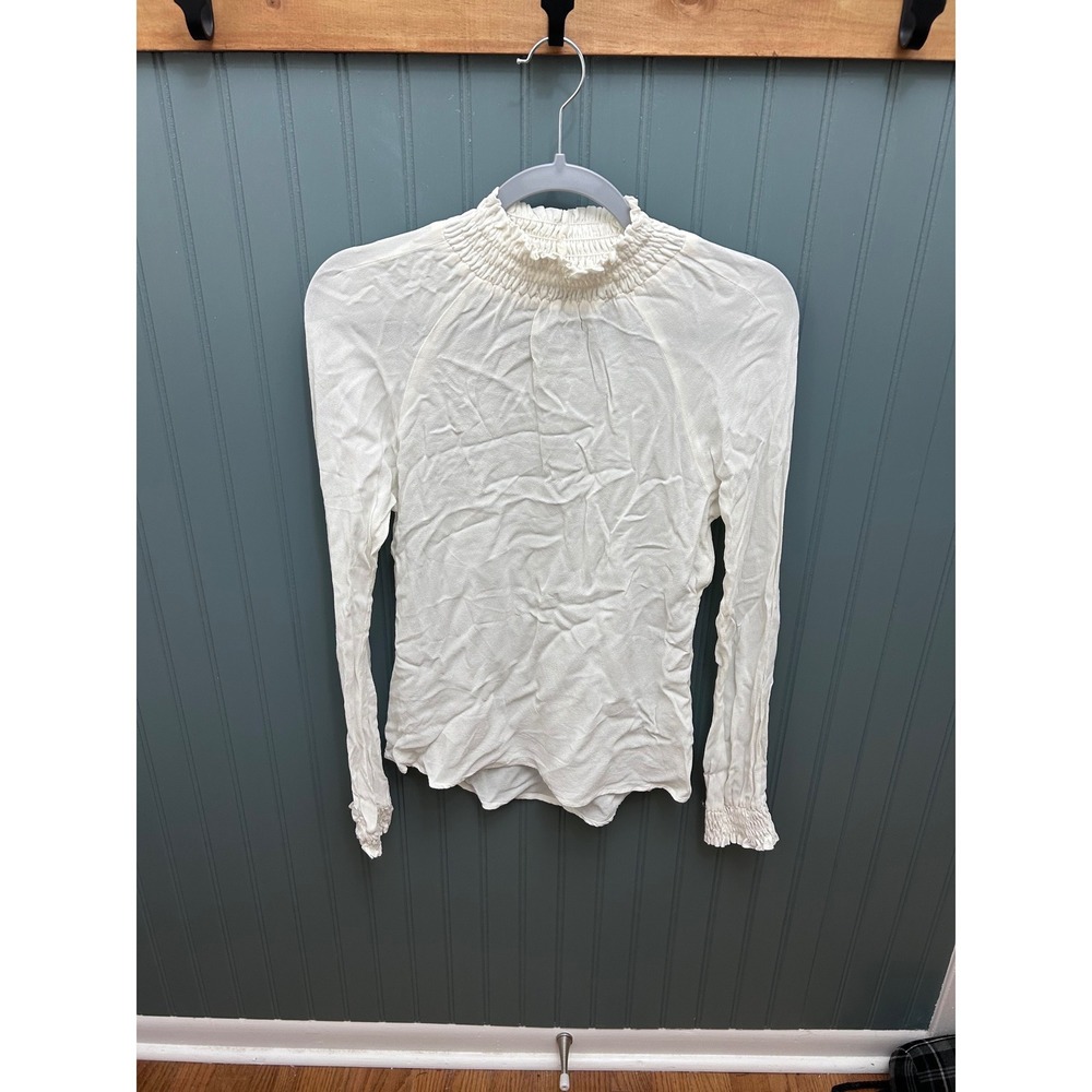 Reformation Ivory Smocked Mock Neck Long Sleeve Viscose Top Small‎ White Crepe